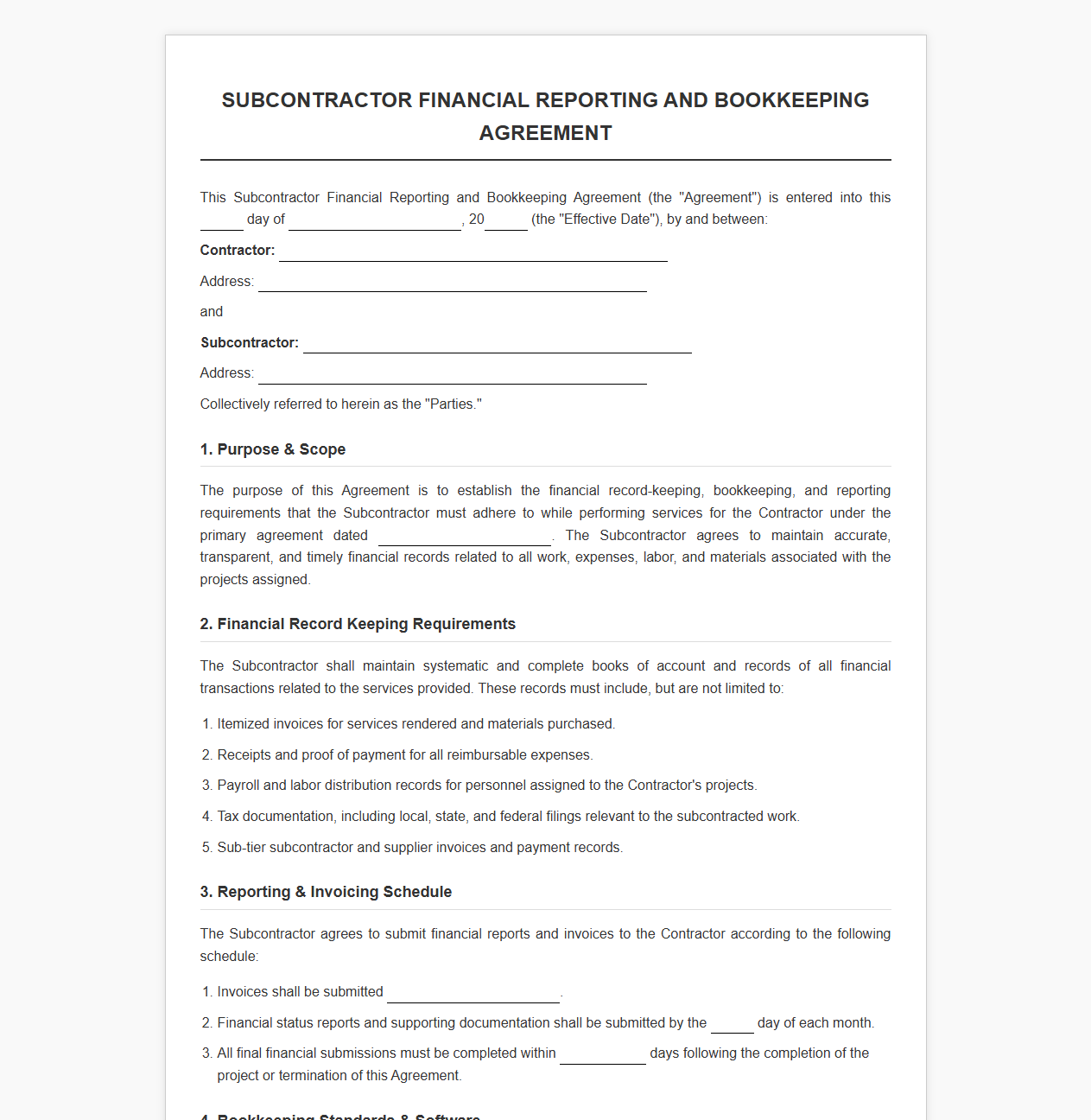 Subcontractor Financial Reporting and Bookkeeping Agreement