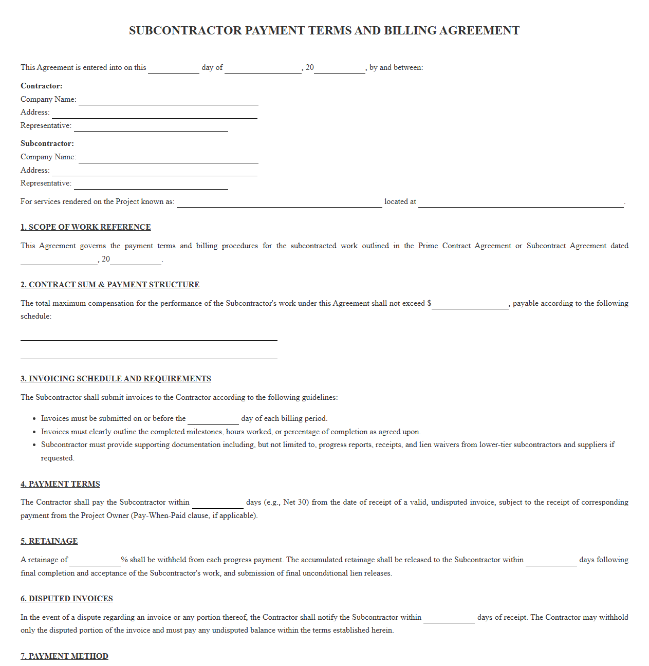 Subcontractor Payment Terms and Billing Agreement