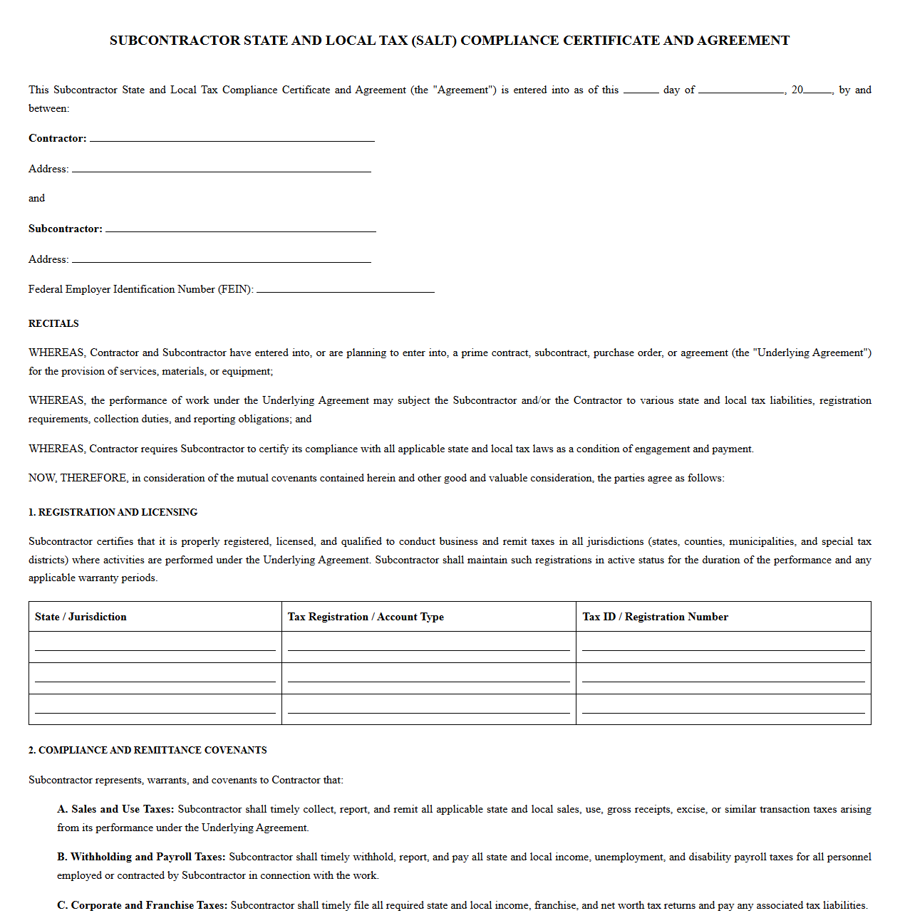 Subcontractor SALT Compliance Certificate and Agreement