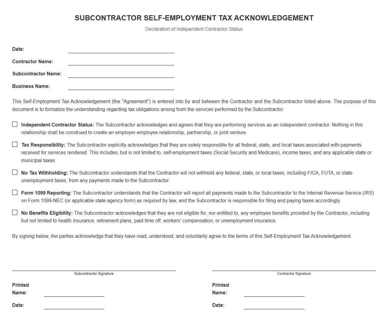 Subcontractor Self Employment Tax Declaration Form