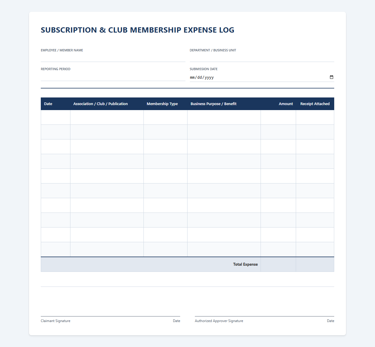 Subscription and Club Membership Expense Log