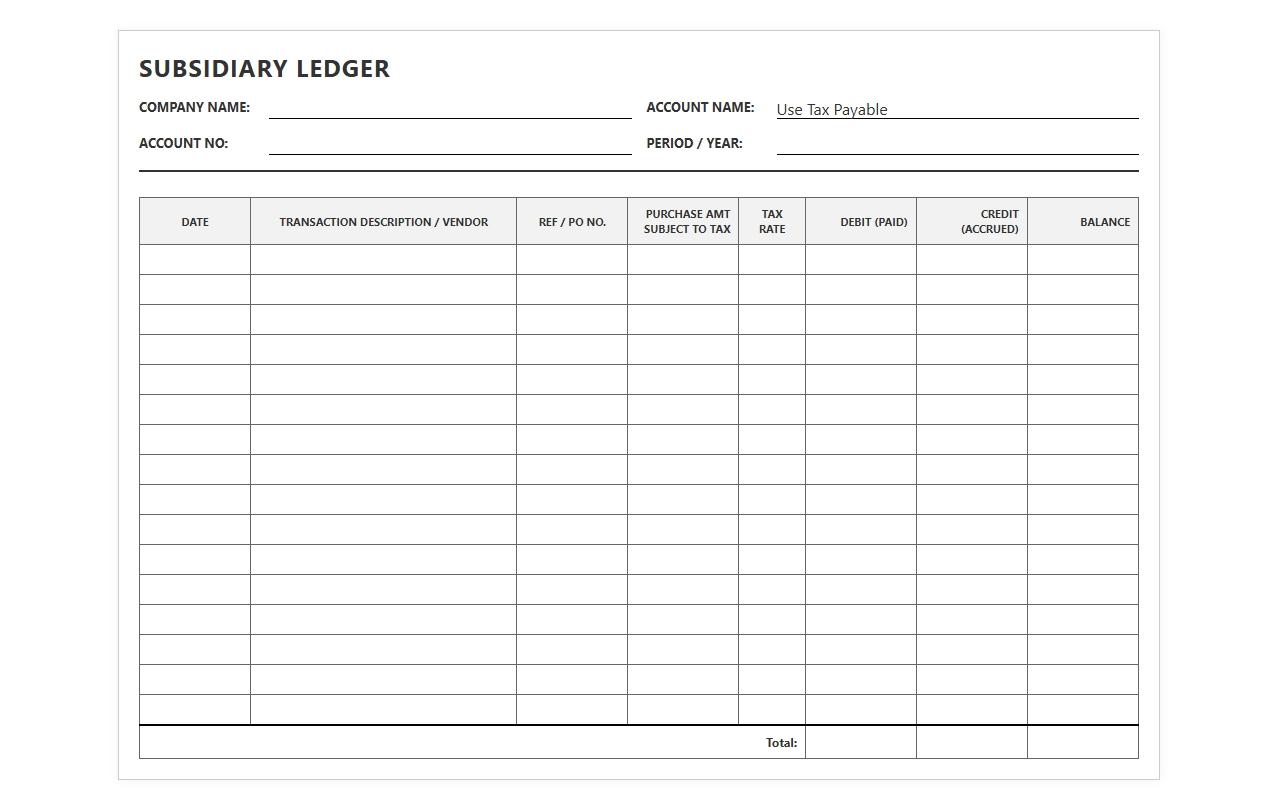 Subsidiary Ledger for Use Tax Payable