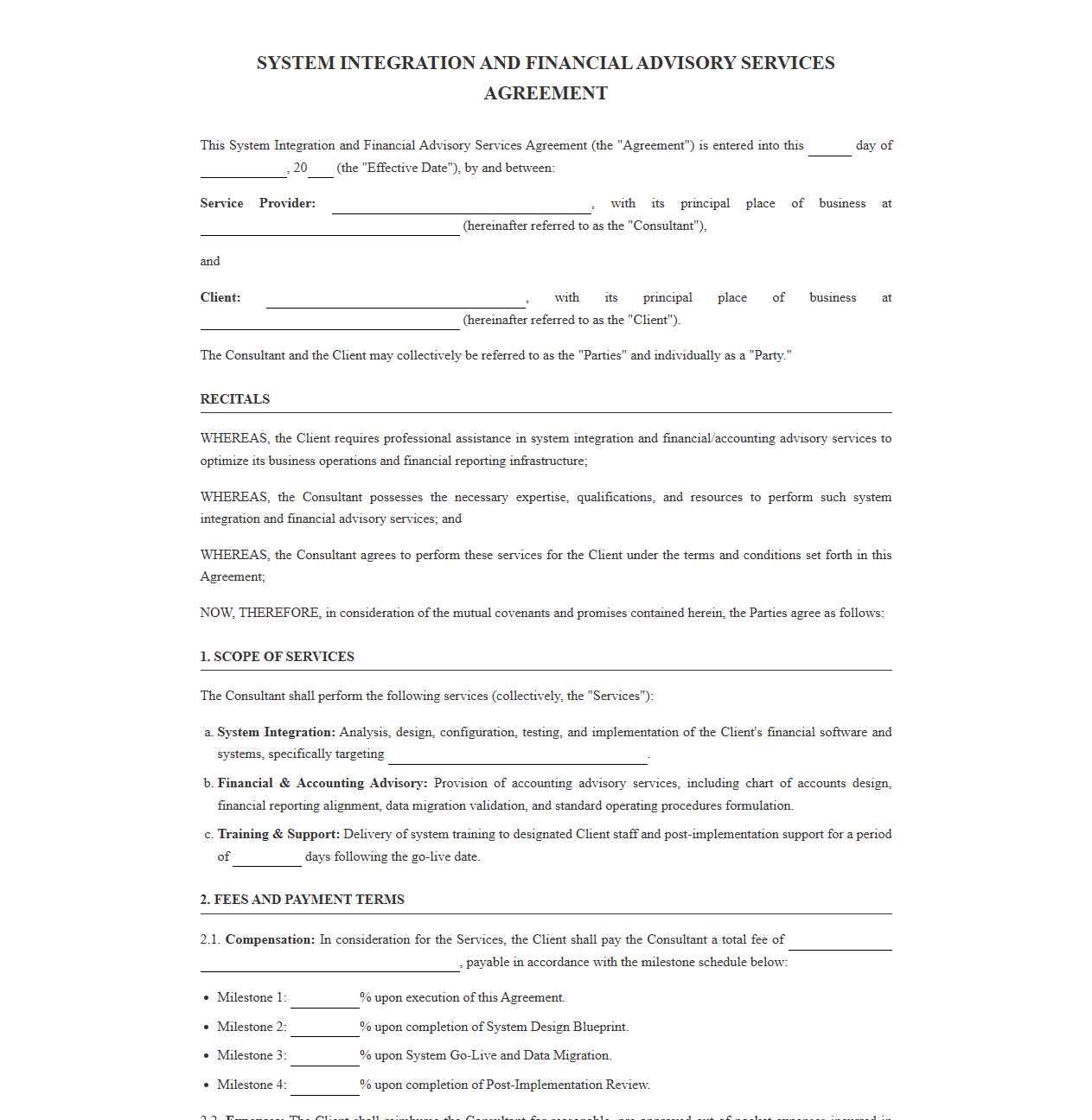 System Integration and Financial Advisory Services Agreement