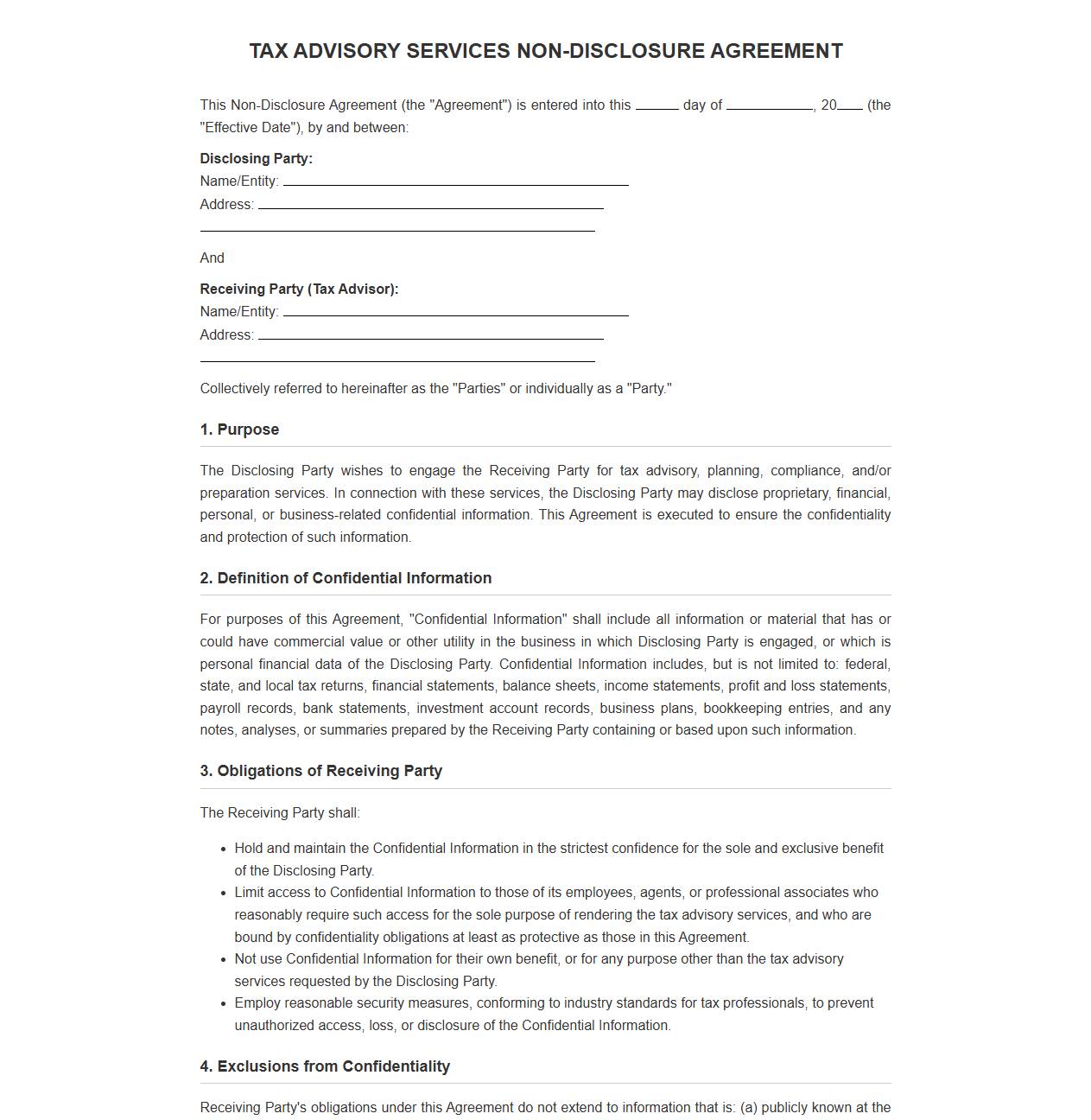 Tax Advisory Services Non-Disclosure Agreement Template