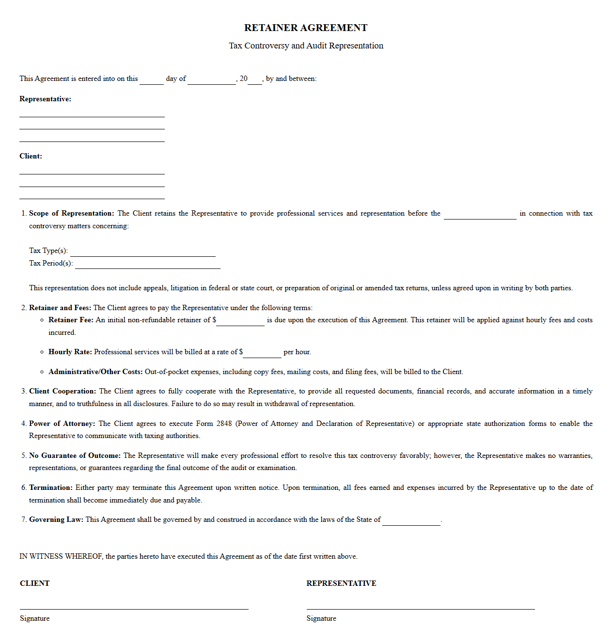 Tax Controversy and Audit Representation Retainer Contract