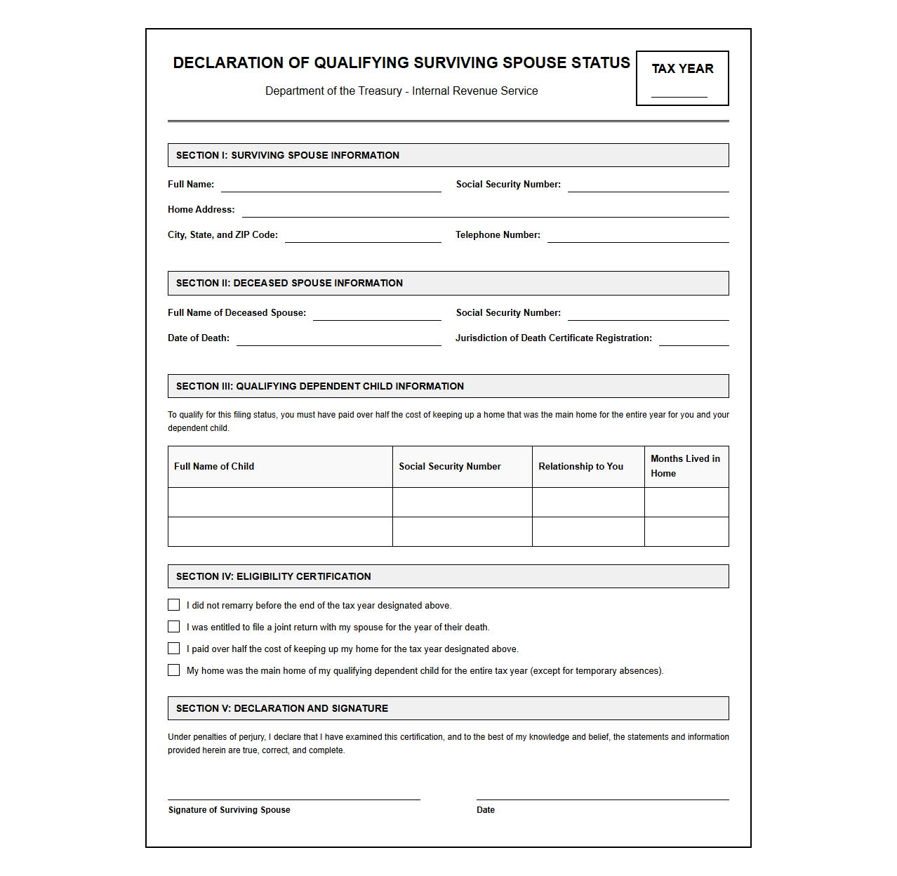 Tax Declaration Template for Qualifying Surviving Spouse
