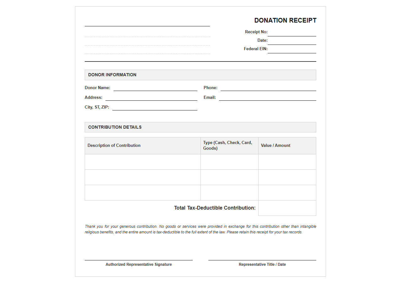 Tax-Deductible Charitable Donation Receipt Form