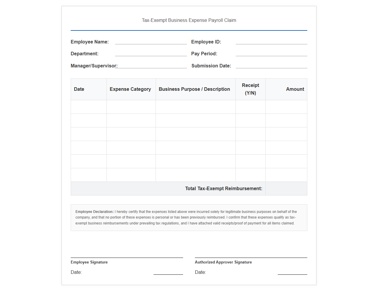 Tax-Exempt Business Expense Payroll Claim Template