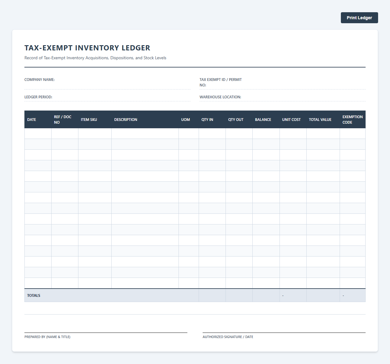Tax-Exempt Inventory Ledger Template