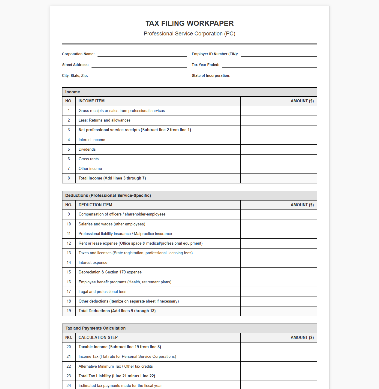 Tax Filing Template for Professional Service Corporations