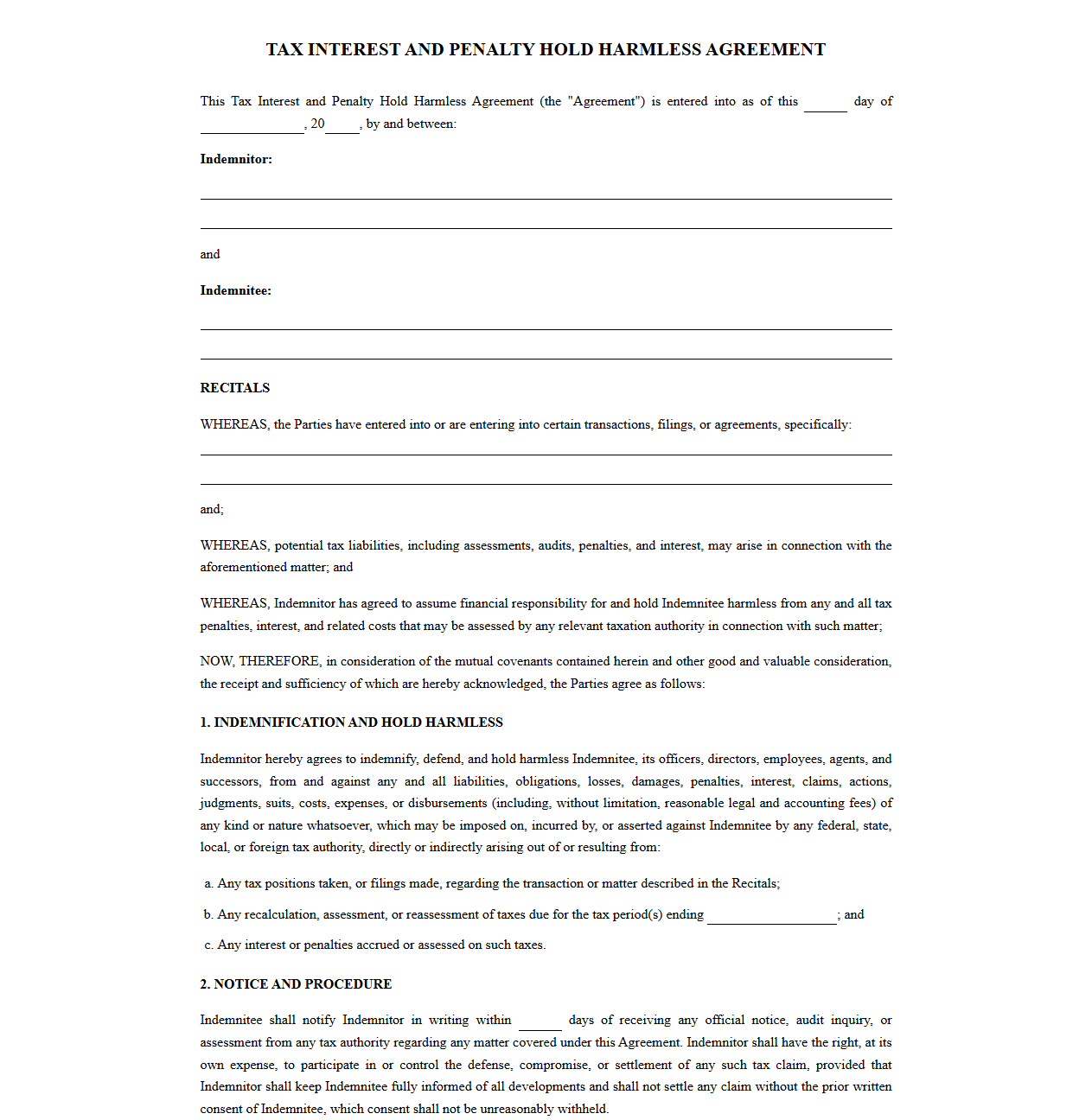 Tax Interest and Penalty Hold Harmless Agreement