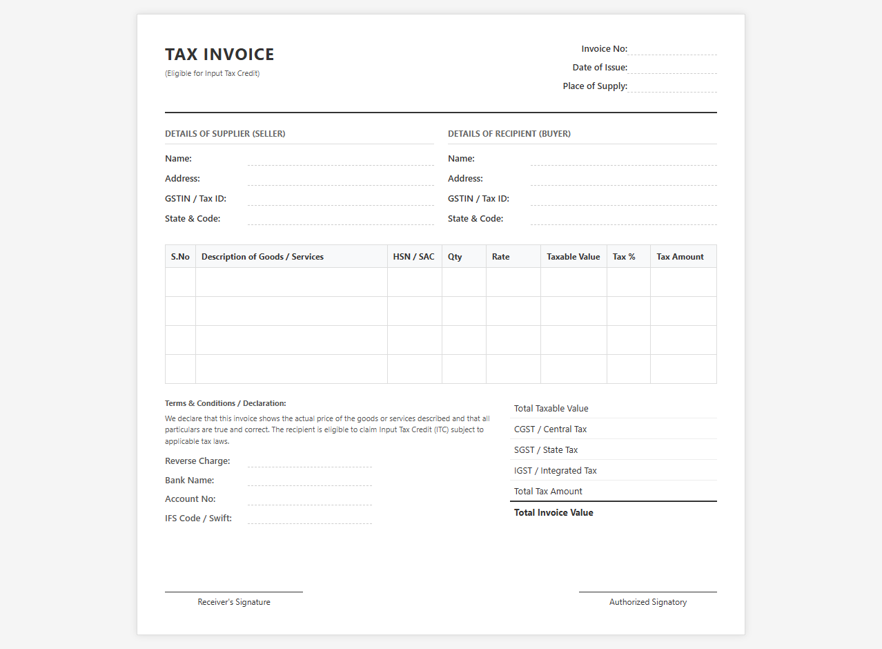 Tax Invoice Template with Input Credit Fields