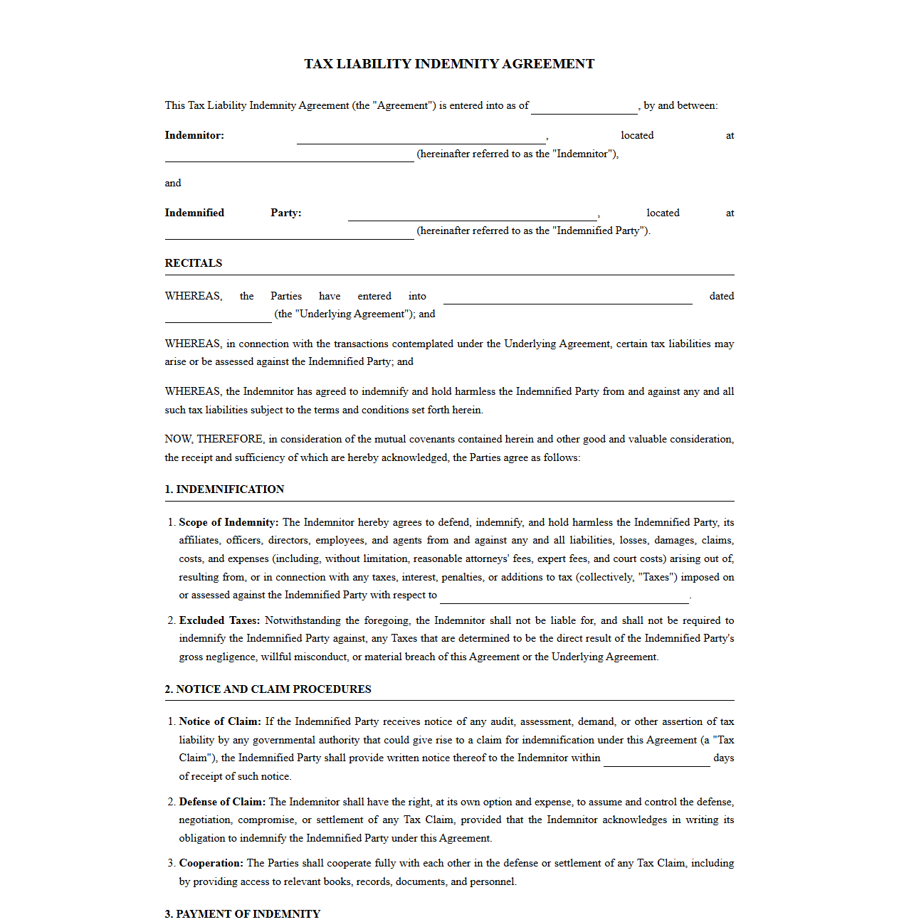 Tax Liability Indemnity Agreement