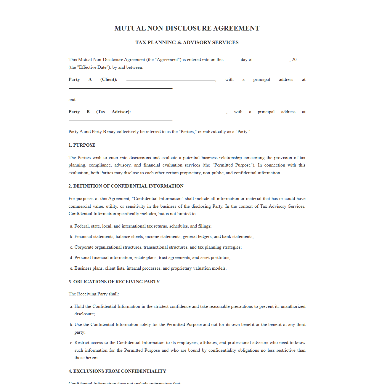 Tax Planning and Advisory Services NDA Template