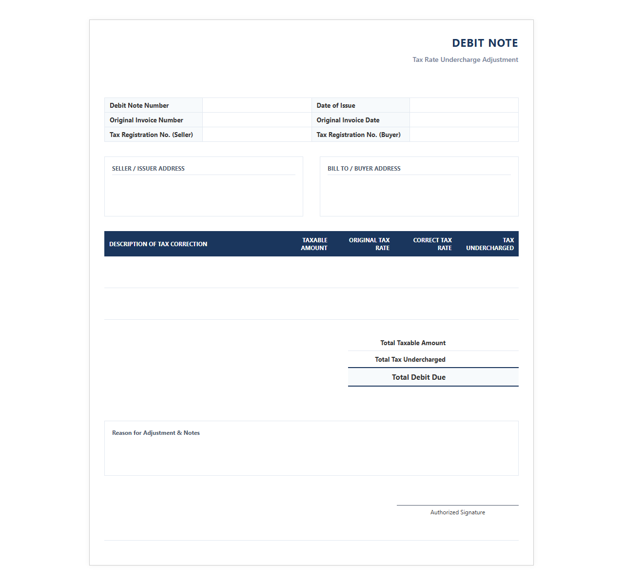 Tax Rate Undercharge Adjustment Bill Template