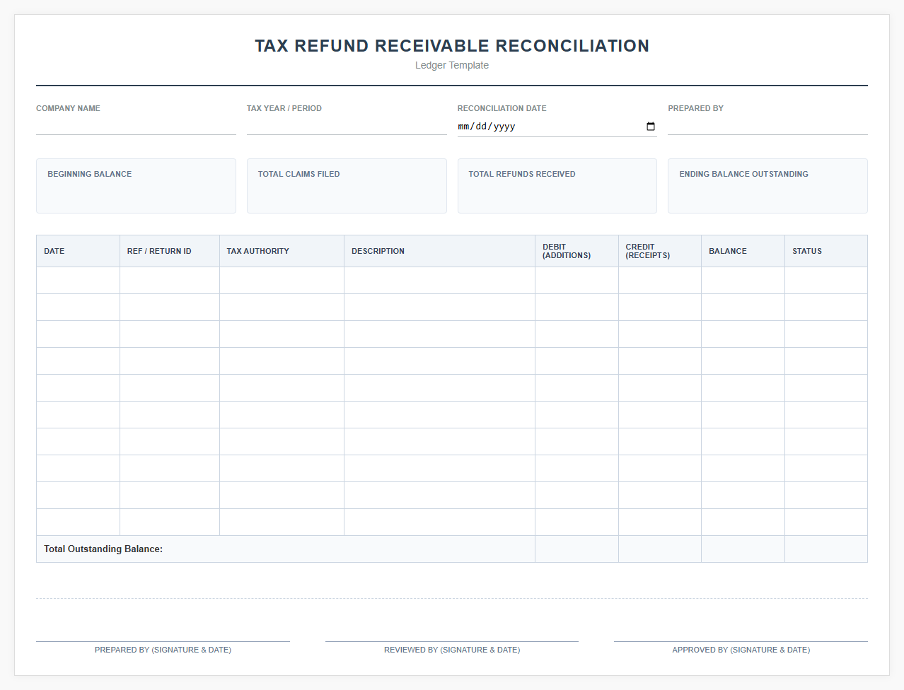 Tax Refund Receivable Reconciliation Template