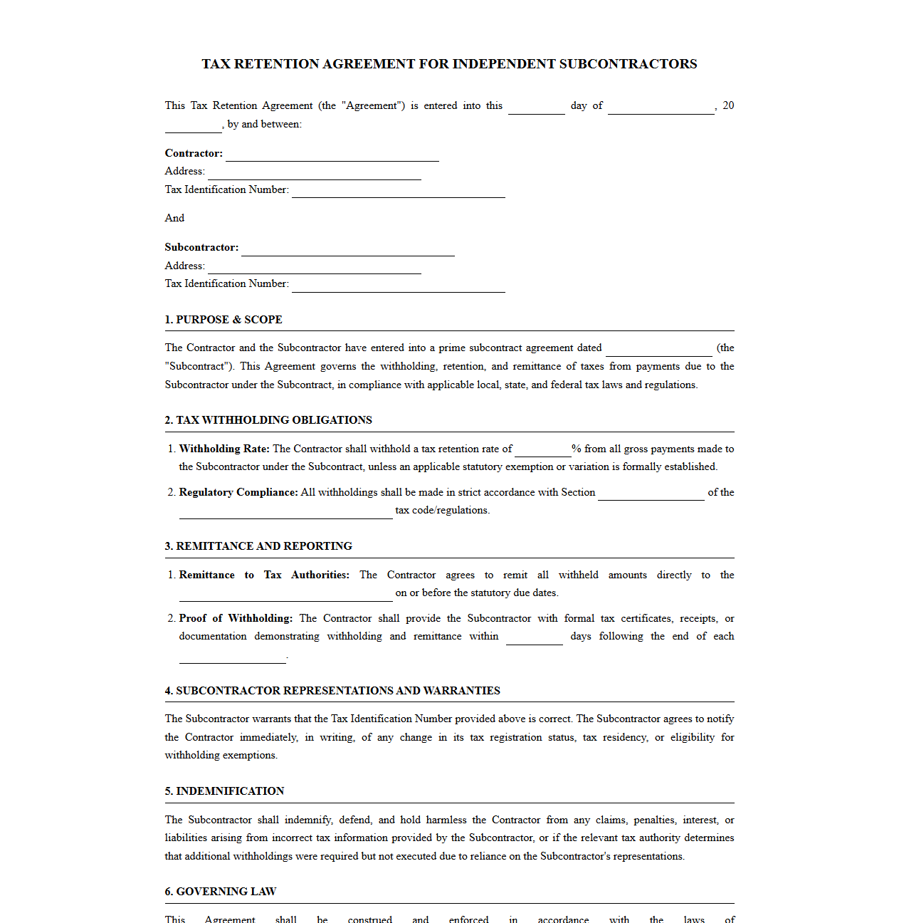 Tax Retention Agreement for Independent Subcontractors