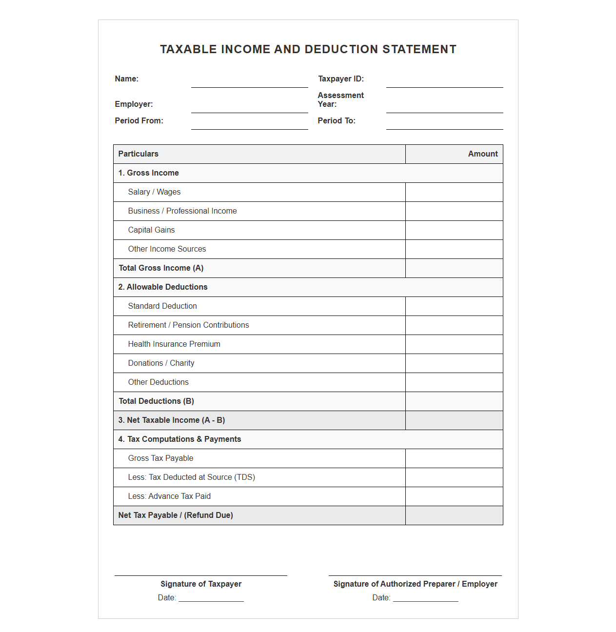 Taxable Income and Deduction Statement