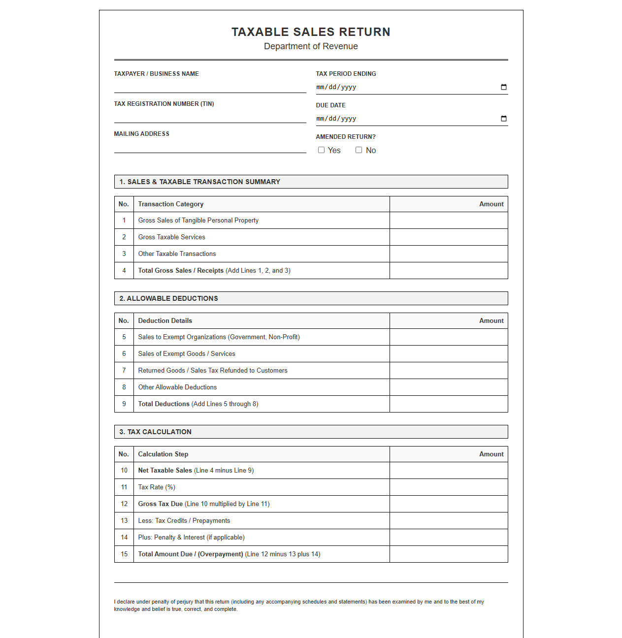 Taxable Sales Return Form Template