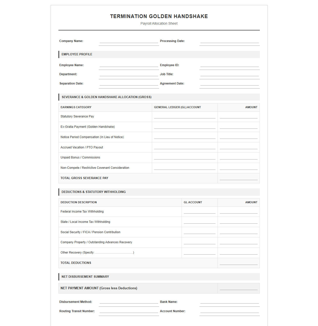 Termination Golden Handshake Payroll Allocation Sheet