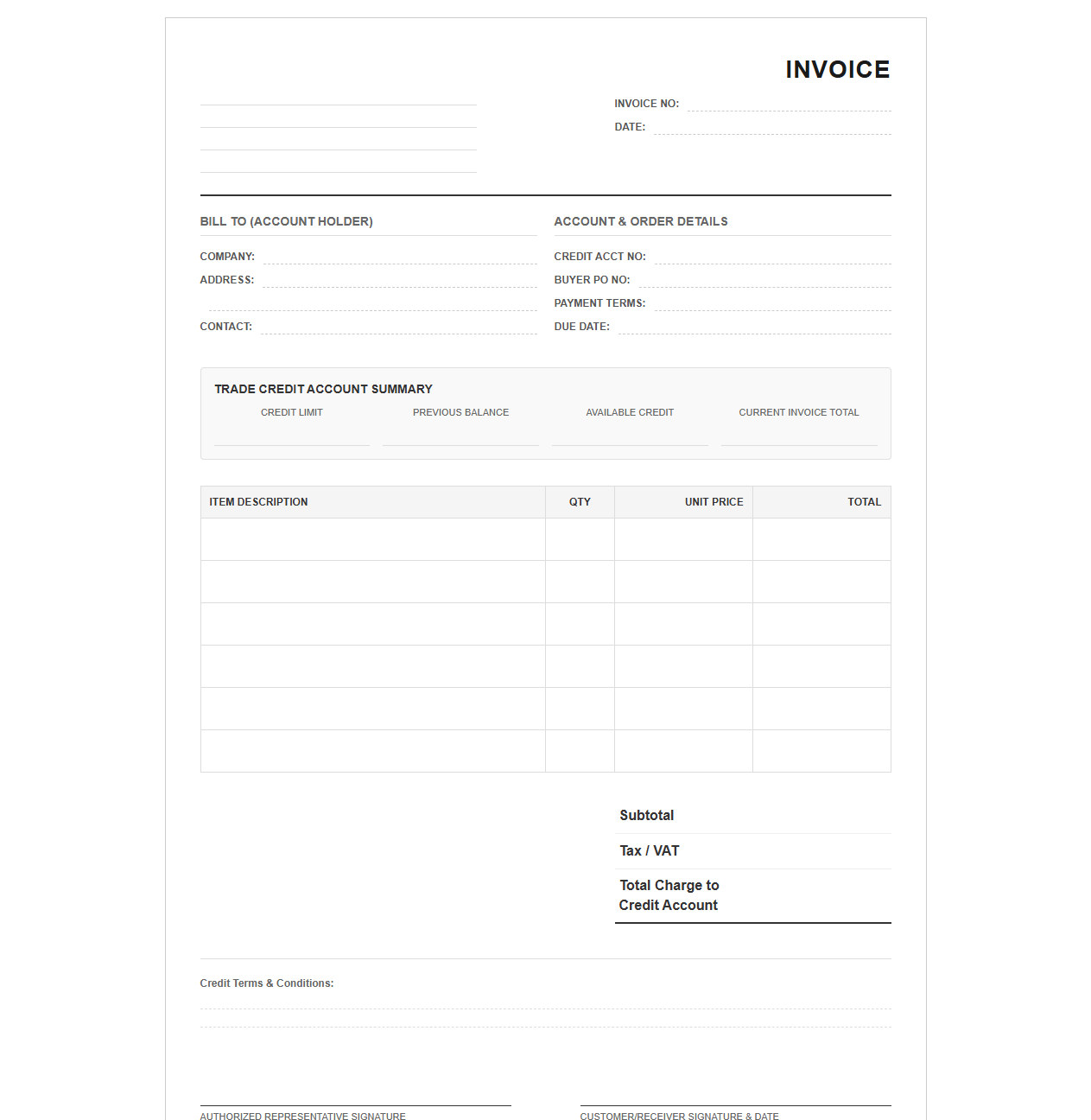 Trade Credit Account Invoice Template