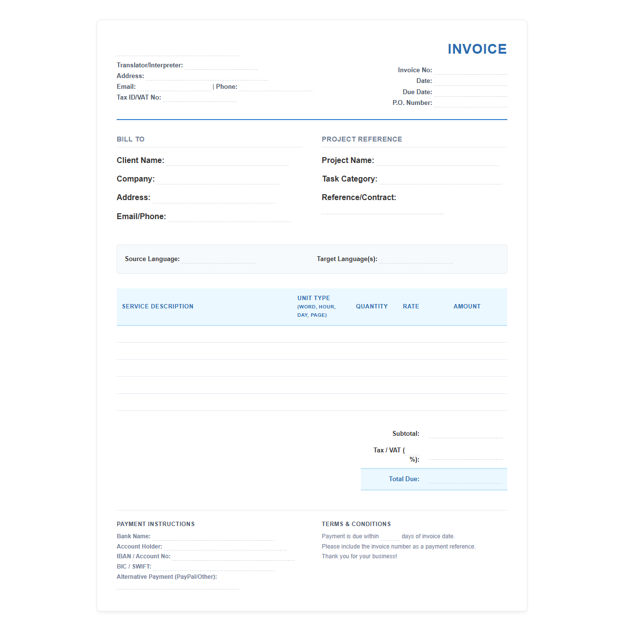 Translation and Interpretation Services Invoice Template