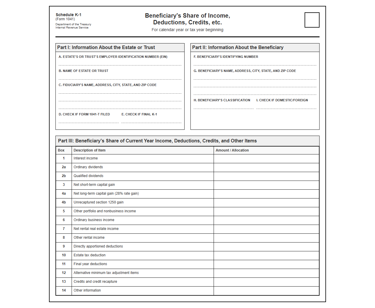 Trust and Estate K-1 Allocation Return Template