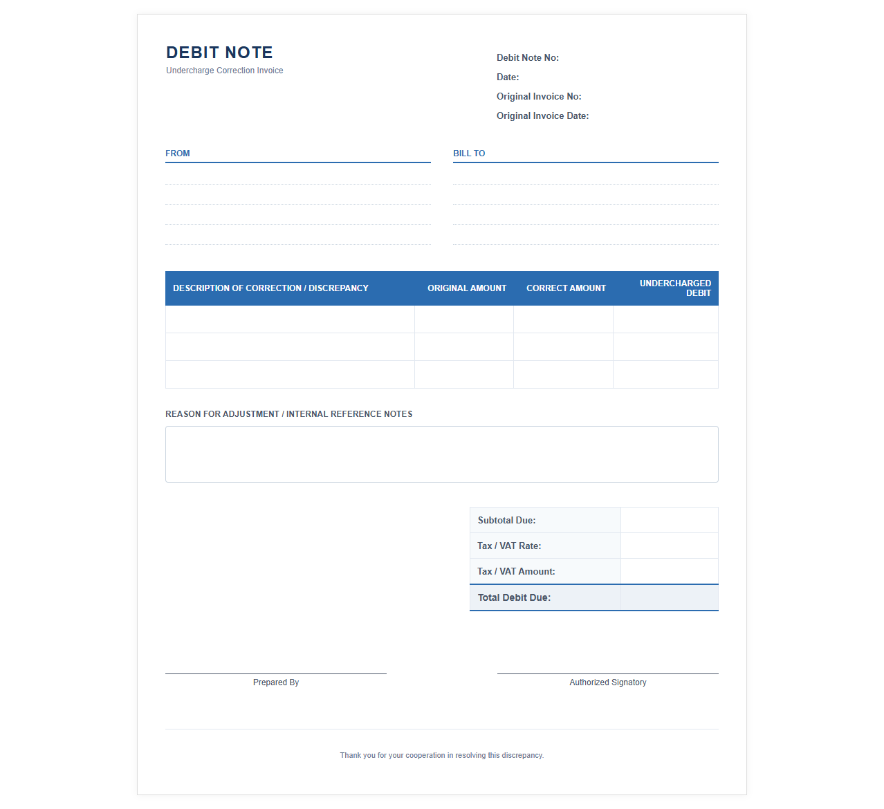 Undercharge Correction Debit Note Invoice Template