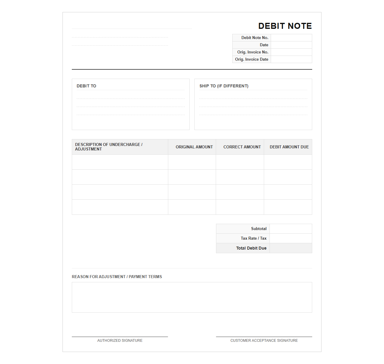 Undercharge Debit Note Template