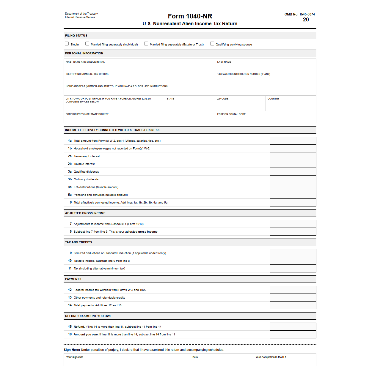 US Tax Return Template for Nonresidents