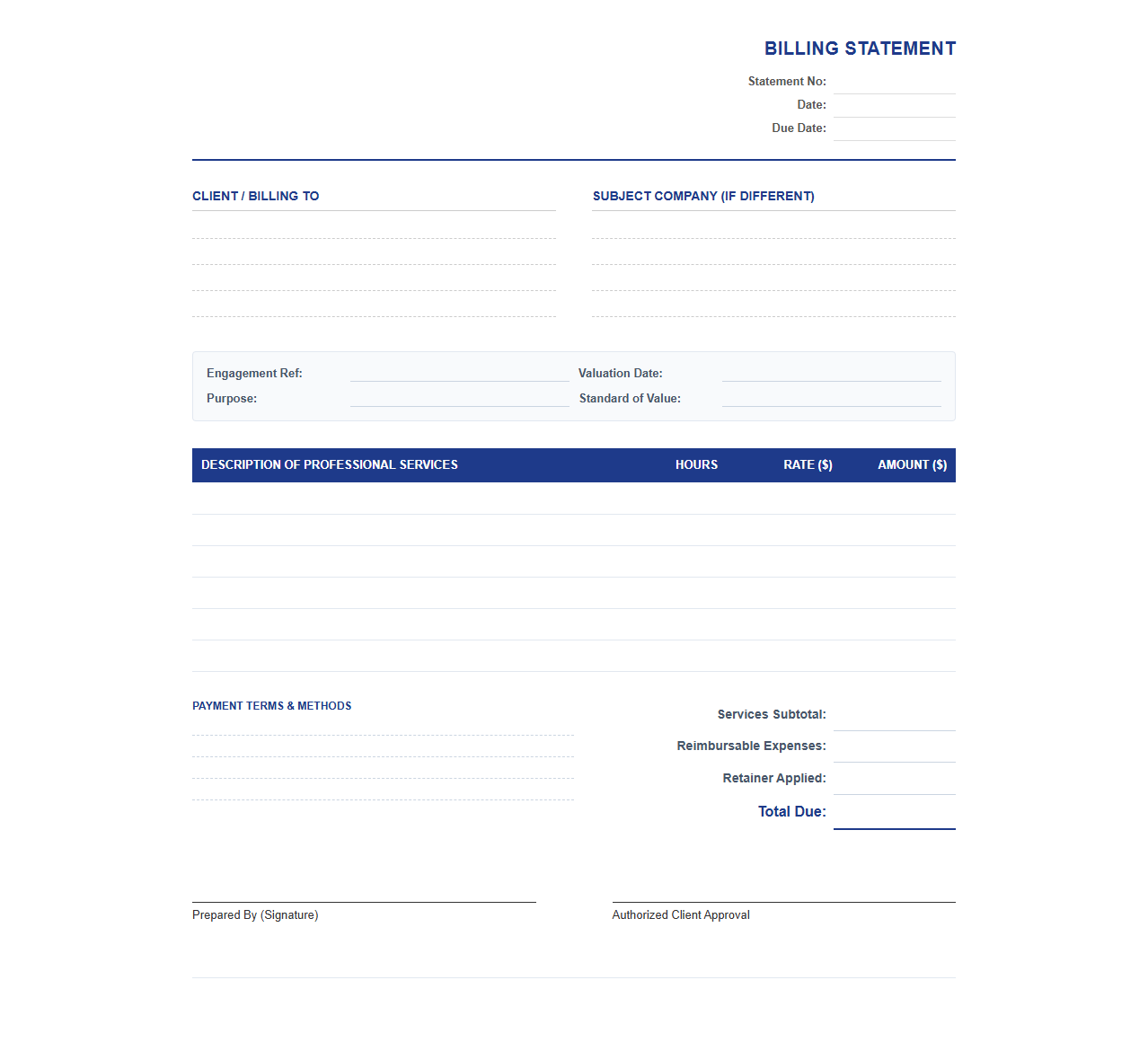 Valuation Engagement Billing Statement