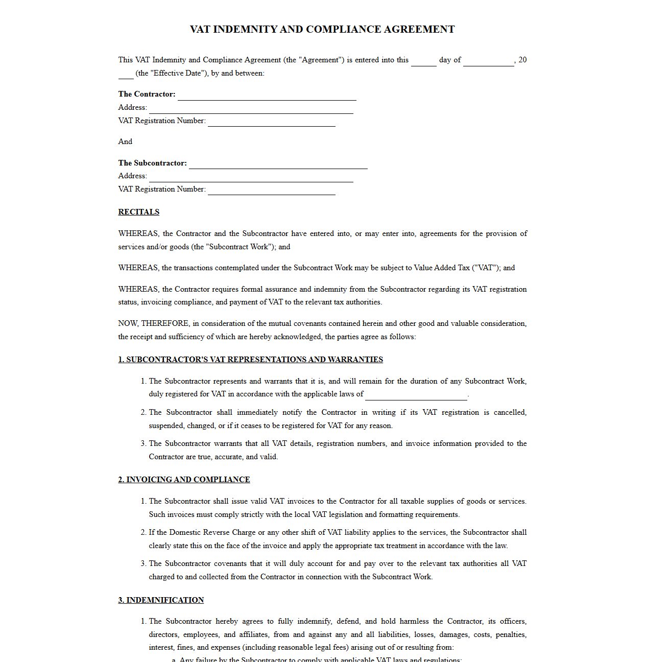 VAT Indemnity and Compliance Agreement for Subcontractors