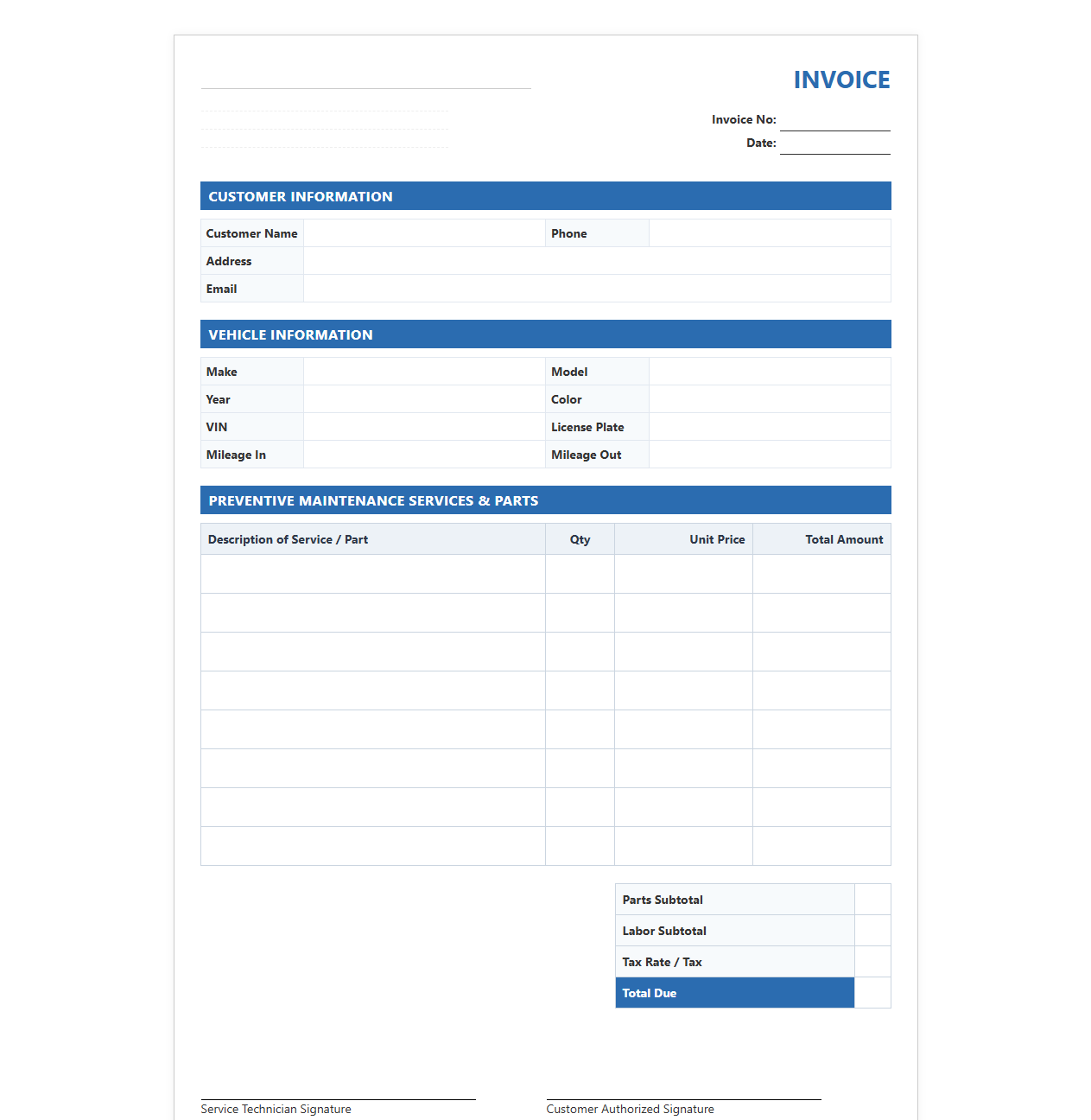 Vehicle Preventive Maintenance Service Invoice