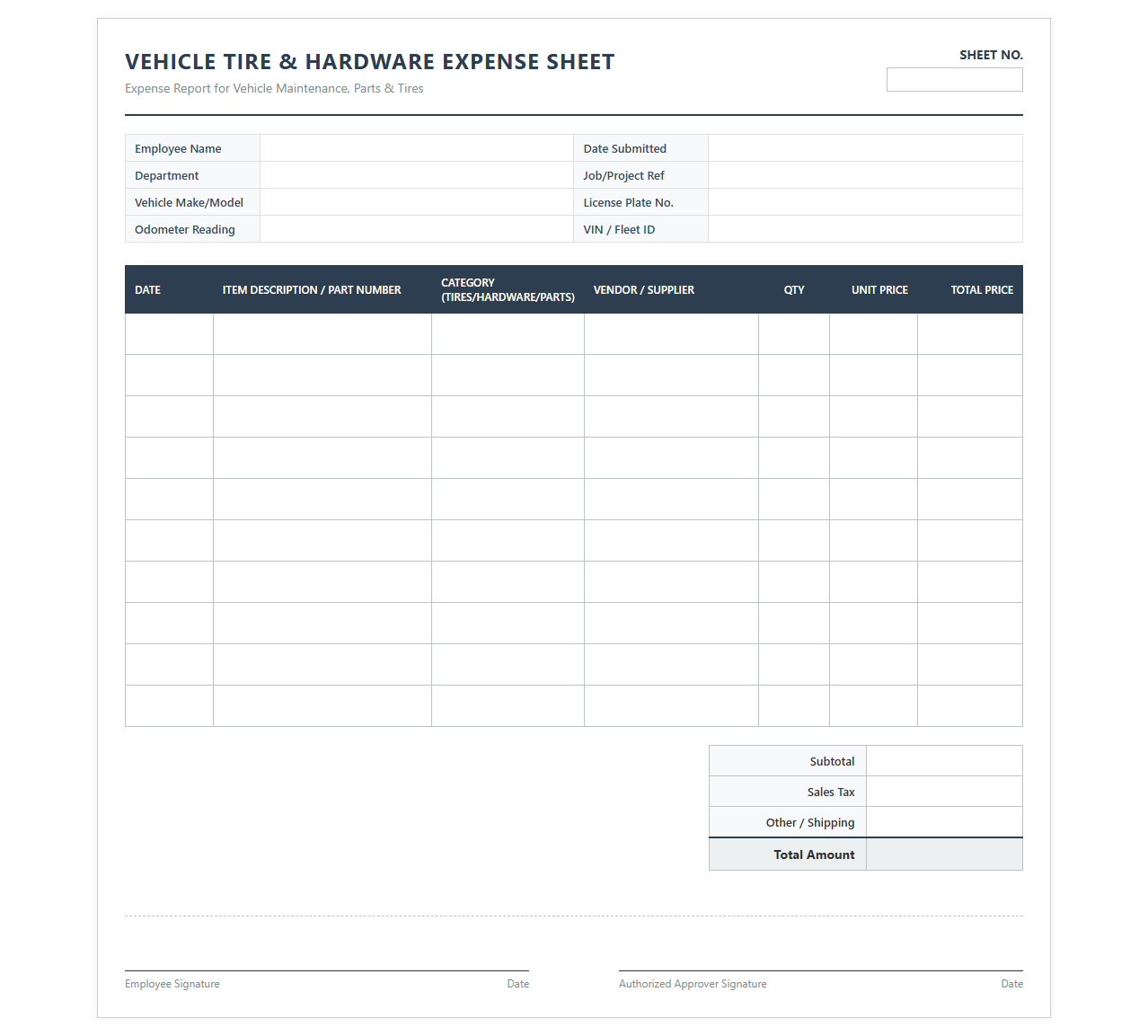 Vehicle Tire and Hardware Purchase Expense Sheet
