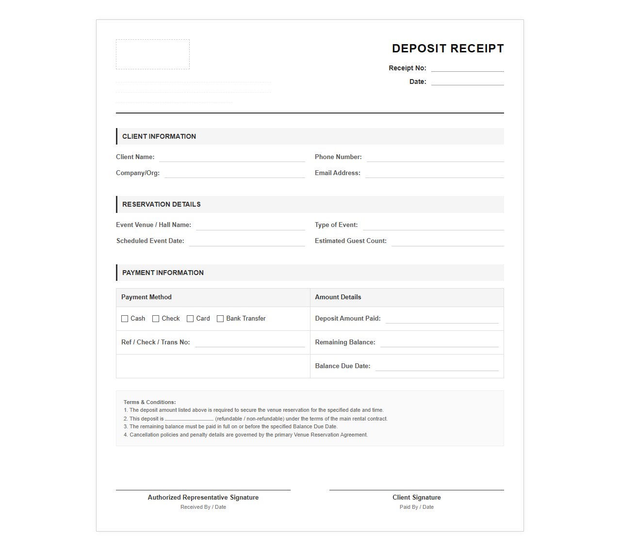 Venue Reservation Deposit Receipt