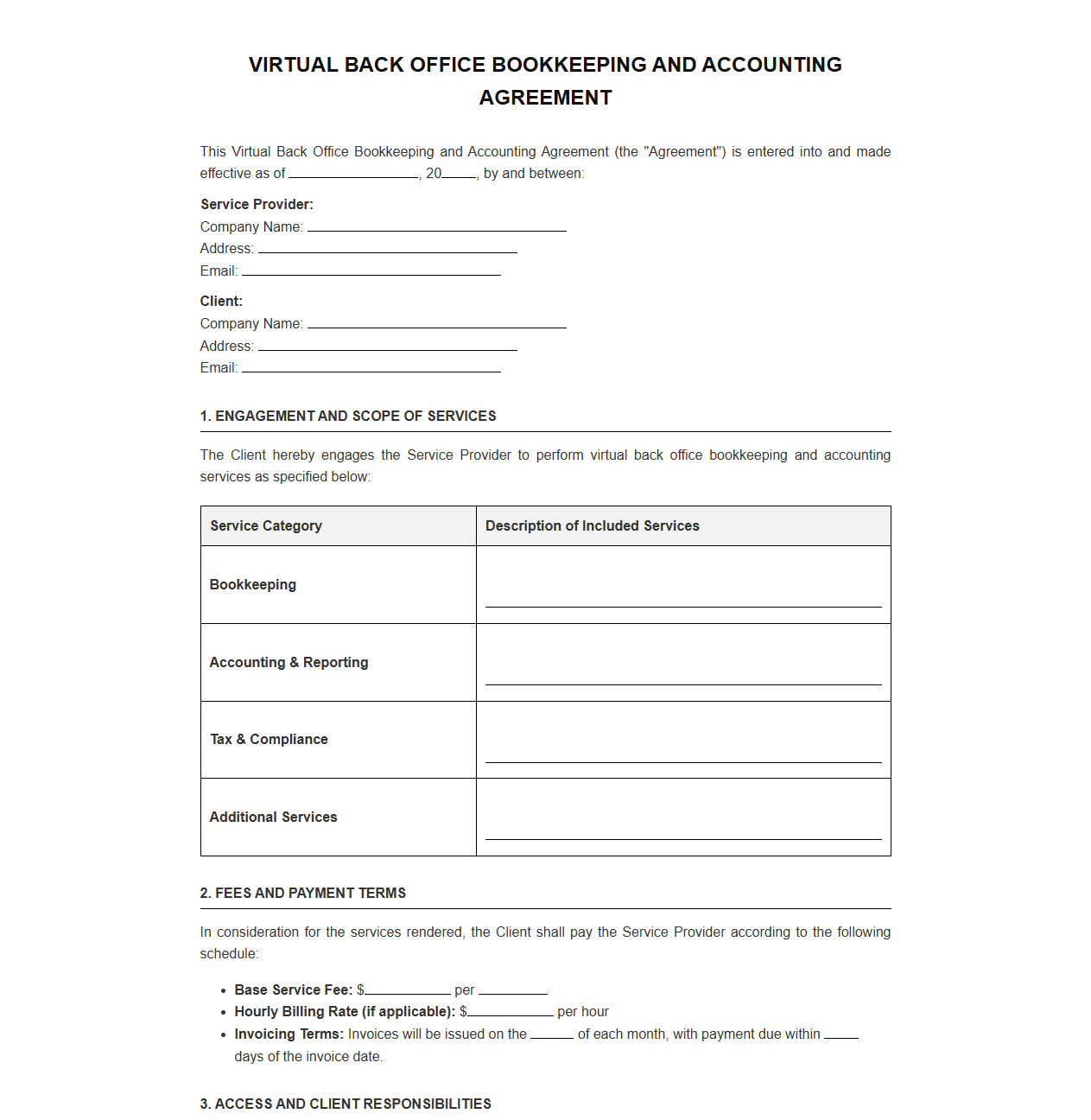 Virtual Back Office Bookkeeping and Accounting Agreement