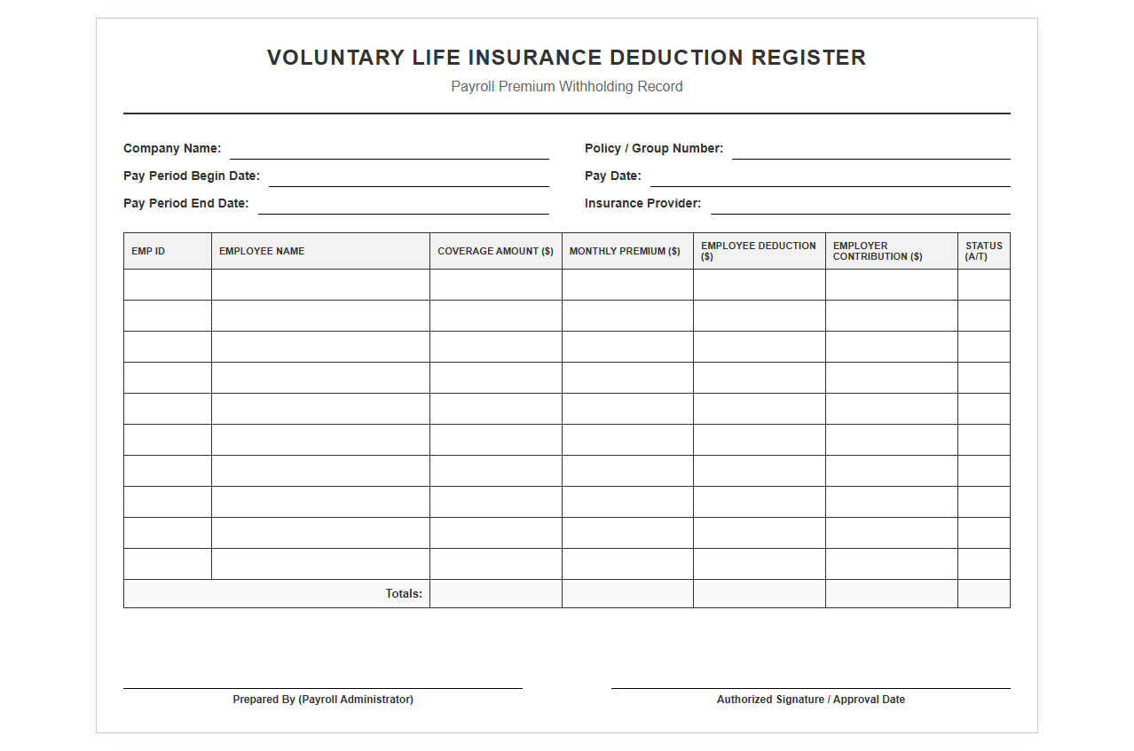 Voluntary Life Insurance Deduction Register