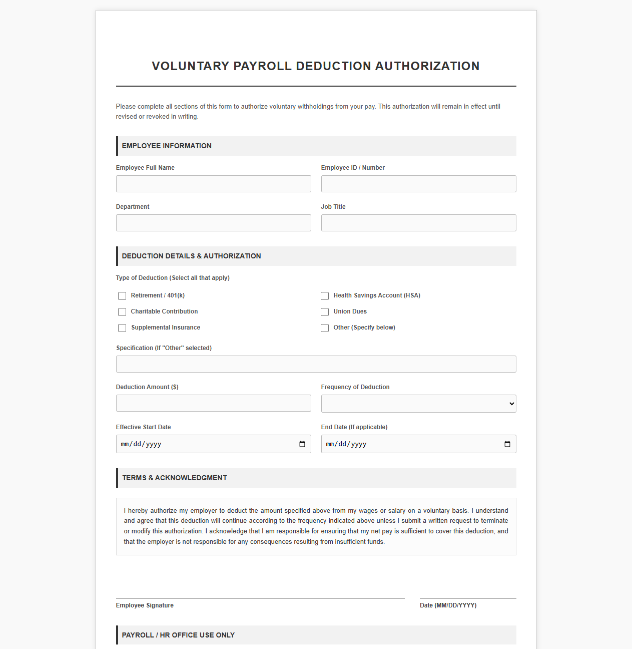 Voluntary Payroll Deduction Authorization Form