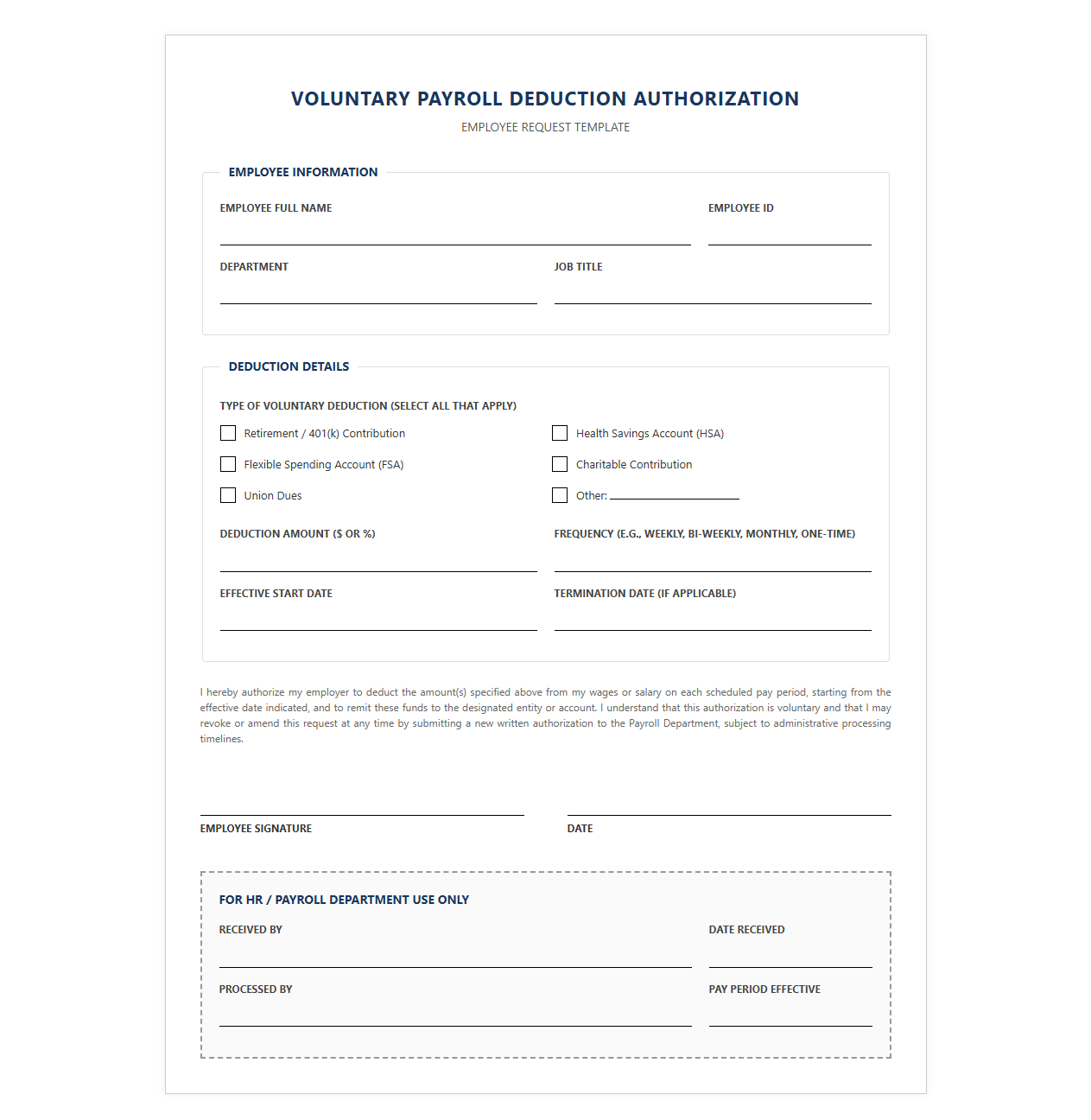 Voluntary Payroll Deduction Request Template