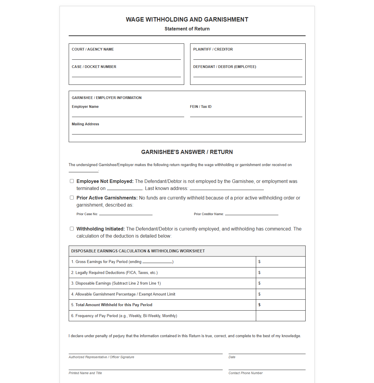 Wage Withholding and Garnishment Statement of Return