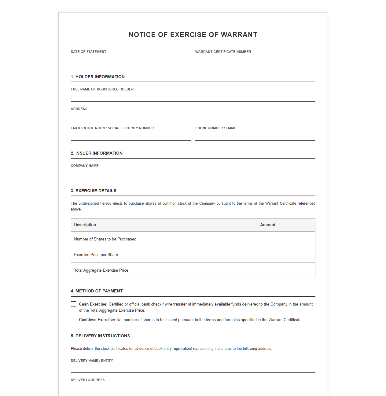 Warrant Exercise Statement Template