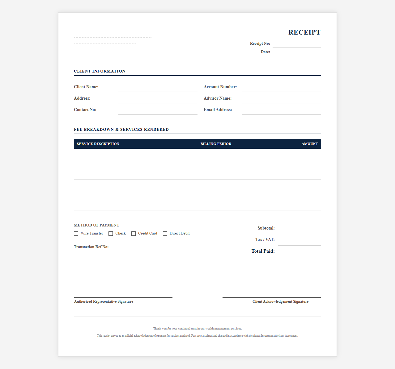 Wealth Management Service Fee Receipt Template