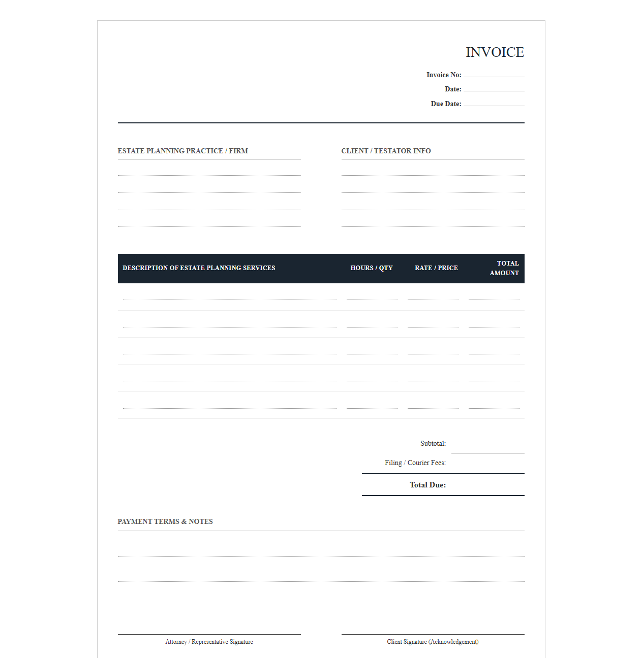 Will and Trust Drafting Services Invoice