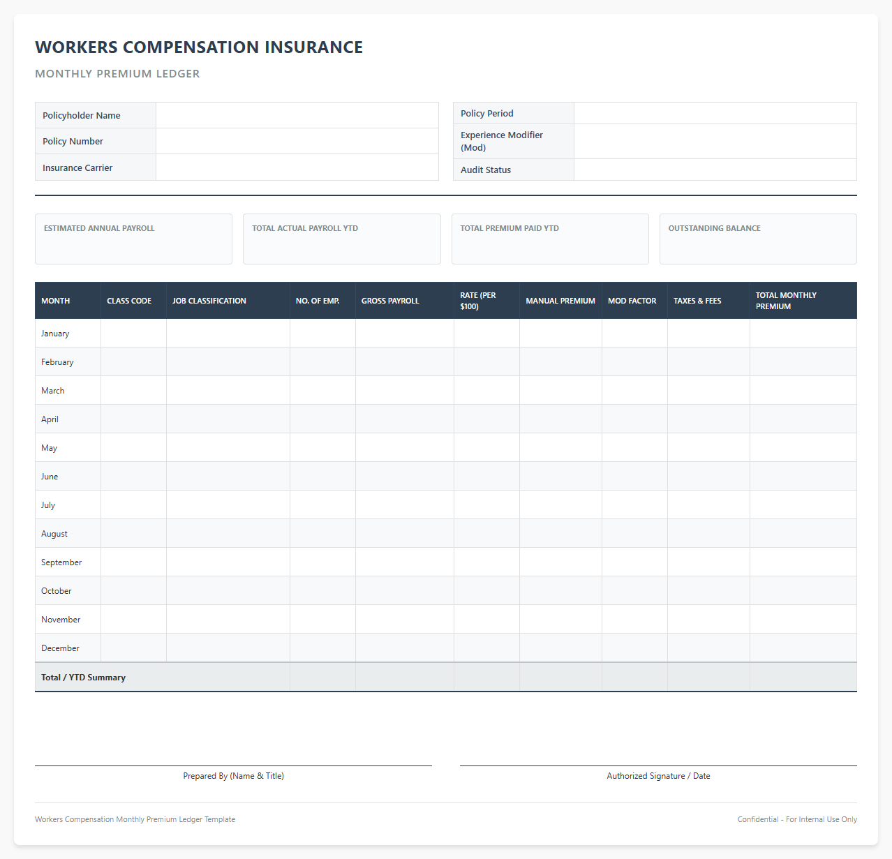 Workers Compensation Insurance Monthly Premium Ledger Template