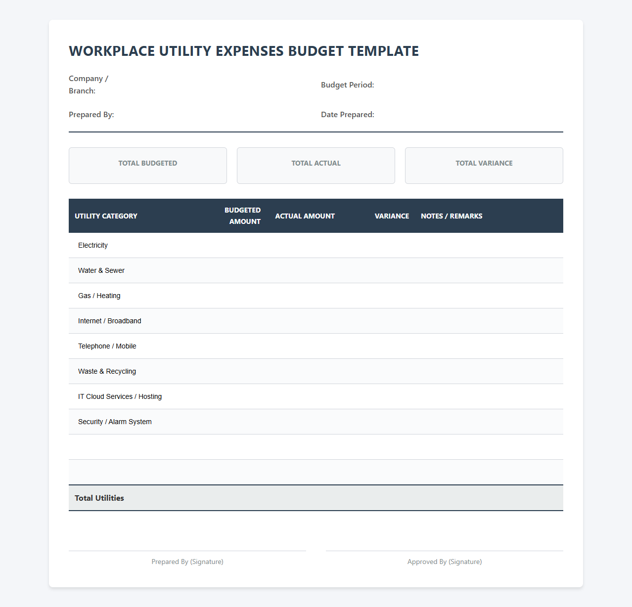 Workplace Utility Expenses Budget Template