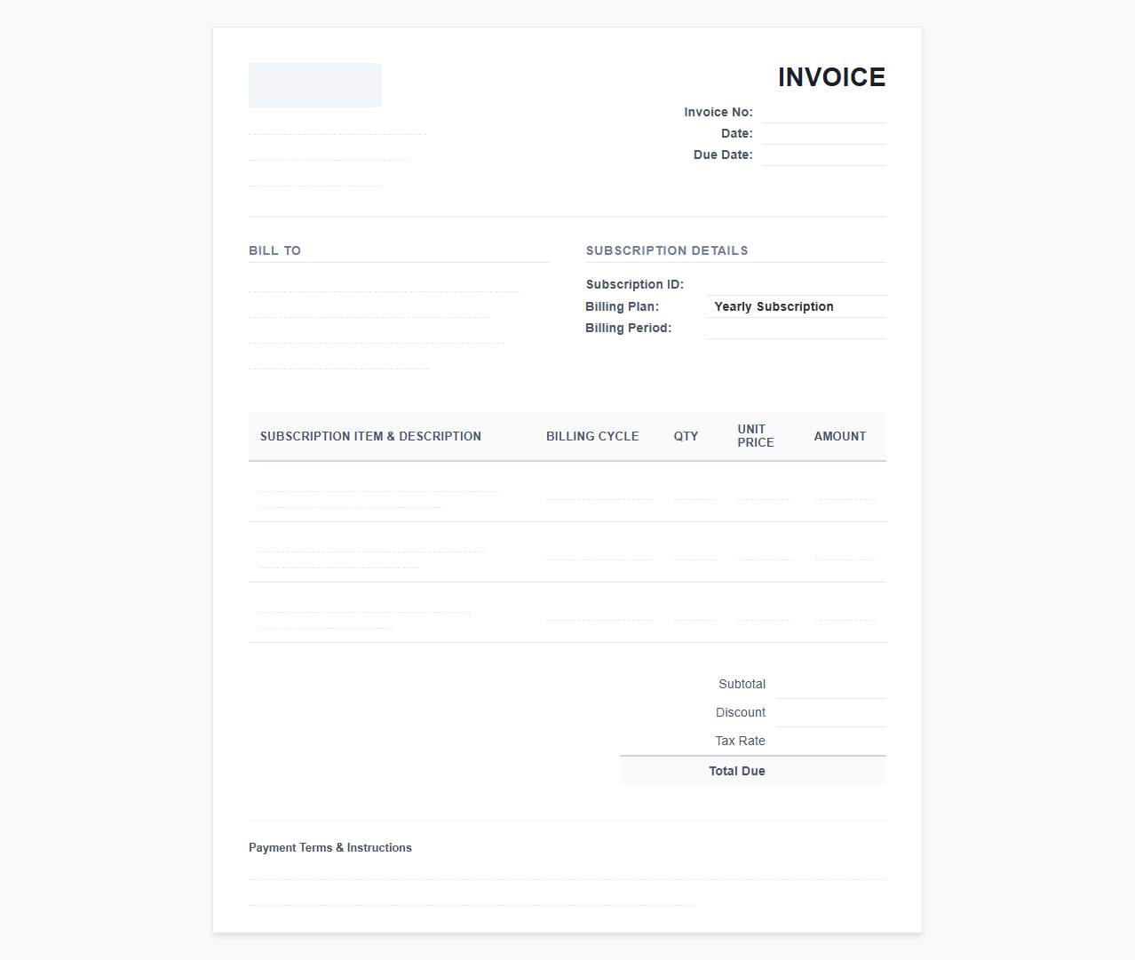 Yearly Subscription Billing Invoice
