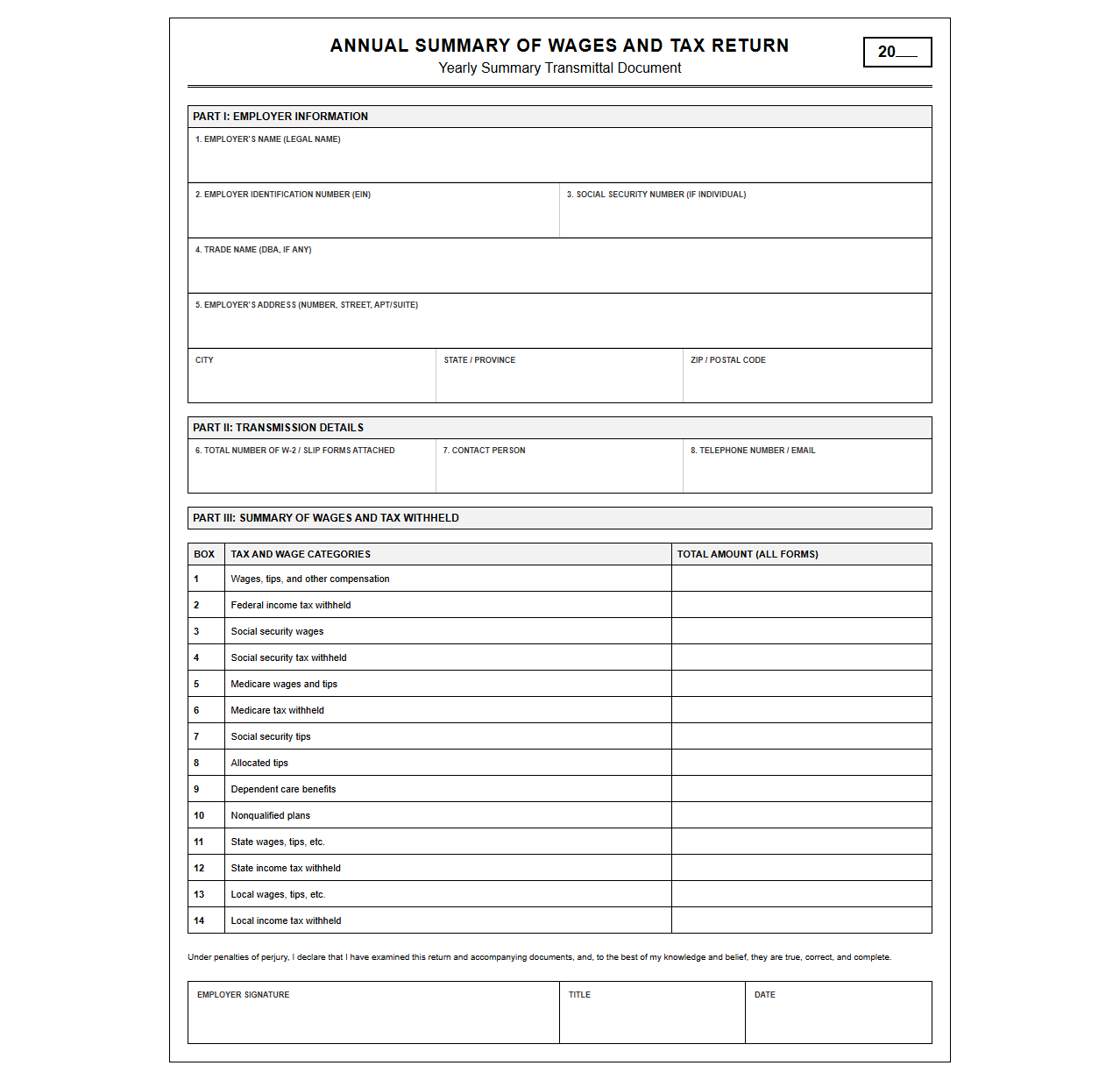 Yearly Summary of Wages and Tax Return Template