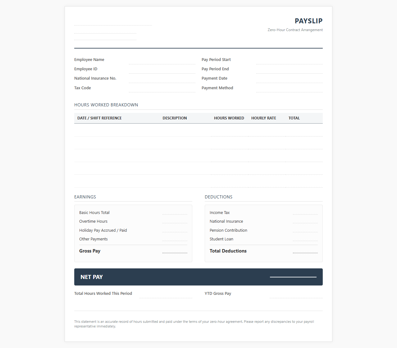 Zero-Hour Worker Payslip and Payroll Template