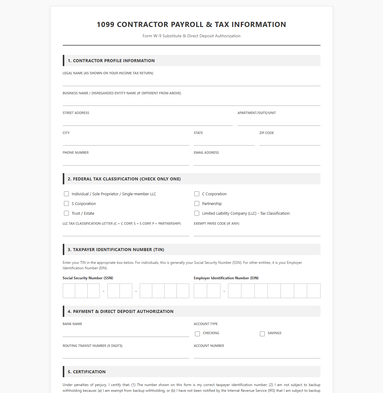 1099 Contractor Payroll and Tax Information Template