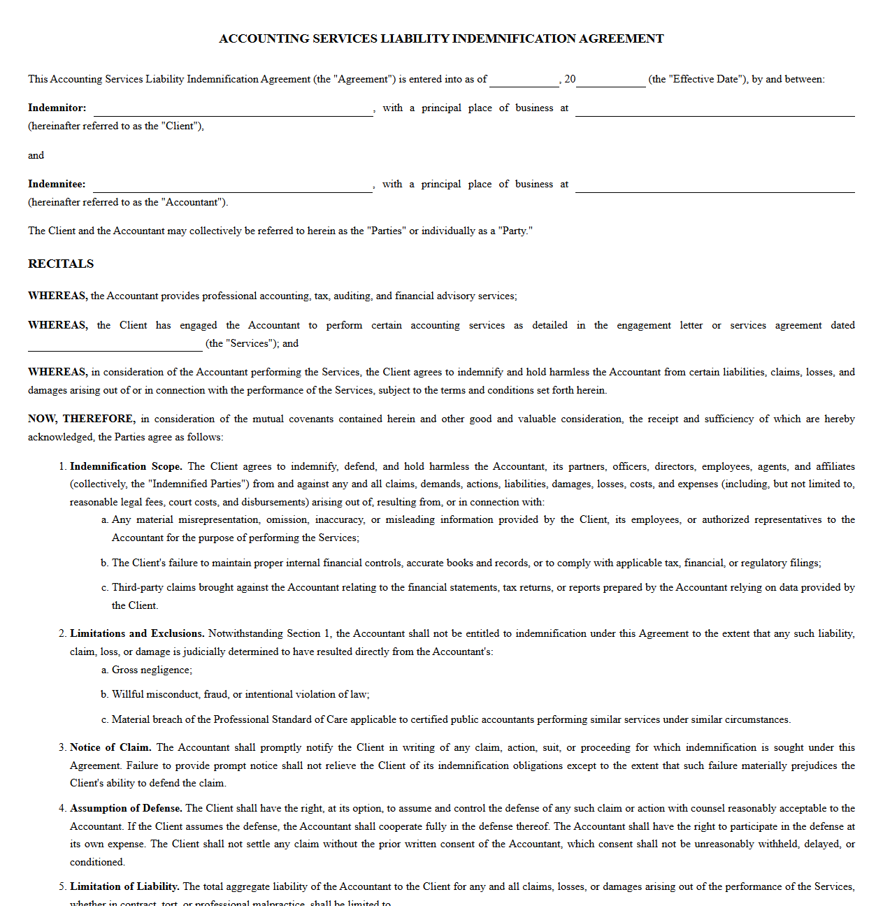 Accounting Services Liability Indemnification Agreement Template